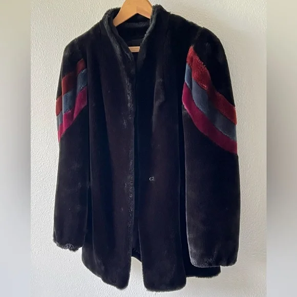 Vintage 80s Black Faux Fur Teddy Coat Colorblock Stripe Size Medium - Picture 5 of 12